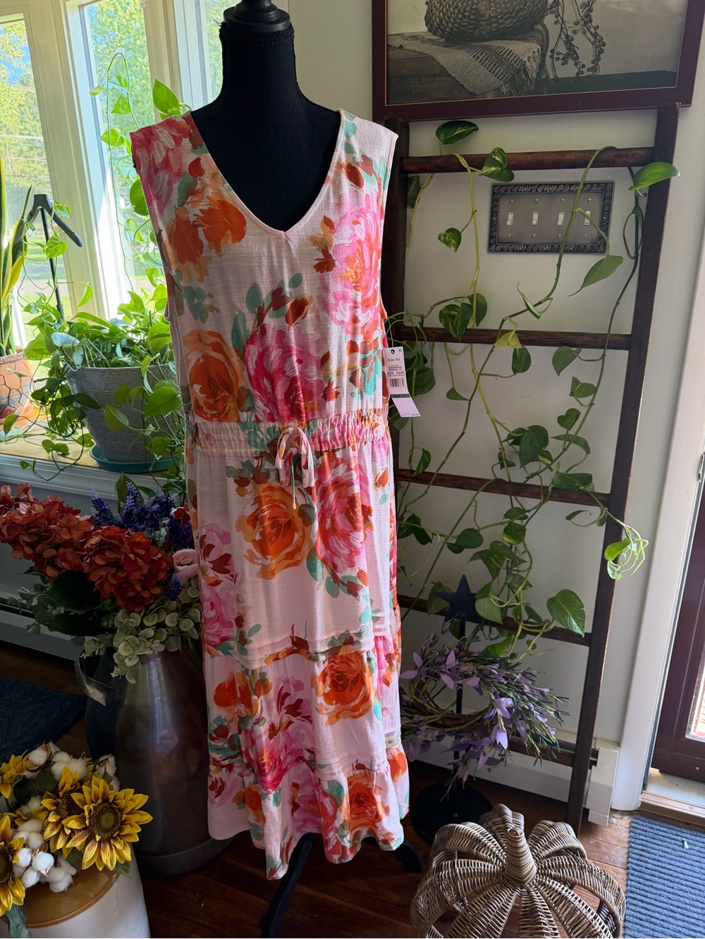 Ruby Rd. Pink Floral Sleeveless Maxi Dress with Orange Accents Great Brand